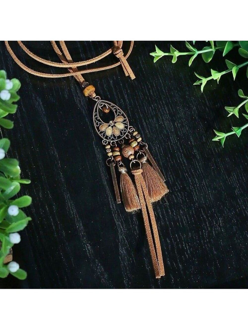 Boho Antique Copper Enamel Tassel Pendant Vegan Suede Long Necklace